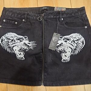 Ed Hardy Tigers Front Zipper Black Denim Mini Skirt Size XL